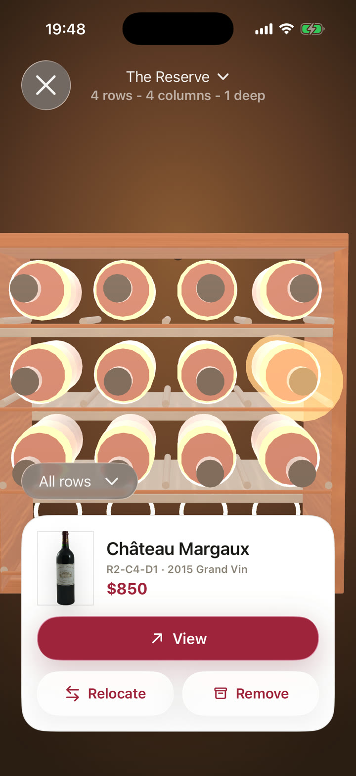 CellarTracker alternative showing a bottle highlighted in Cellar's visual 3D wine rack