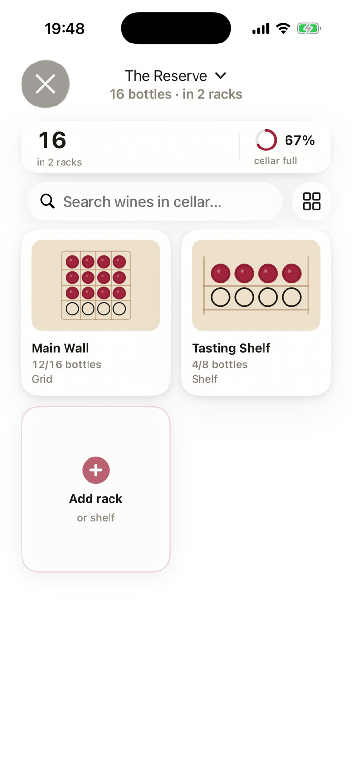 The rack overview in Cellar showing a main wall and a tasting shelf with how full each one is