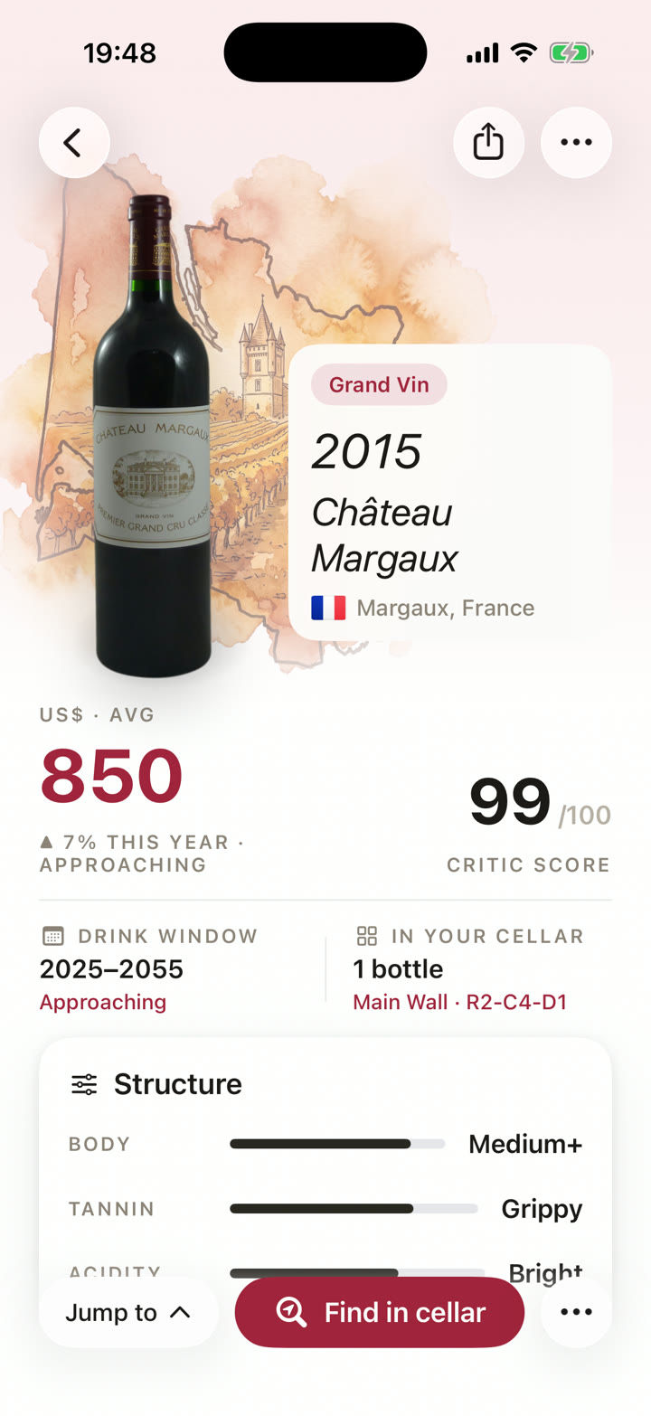 A single bottle in Cellar showing an 850 dollar estimate, up 7 percent this year, beside a 99 critic score