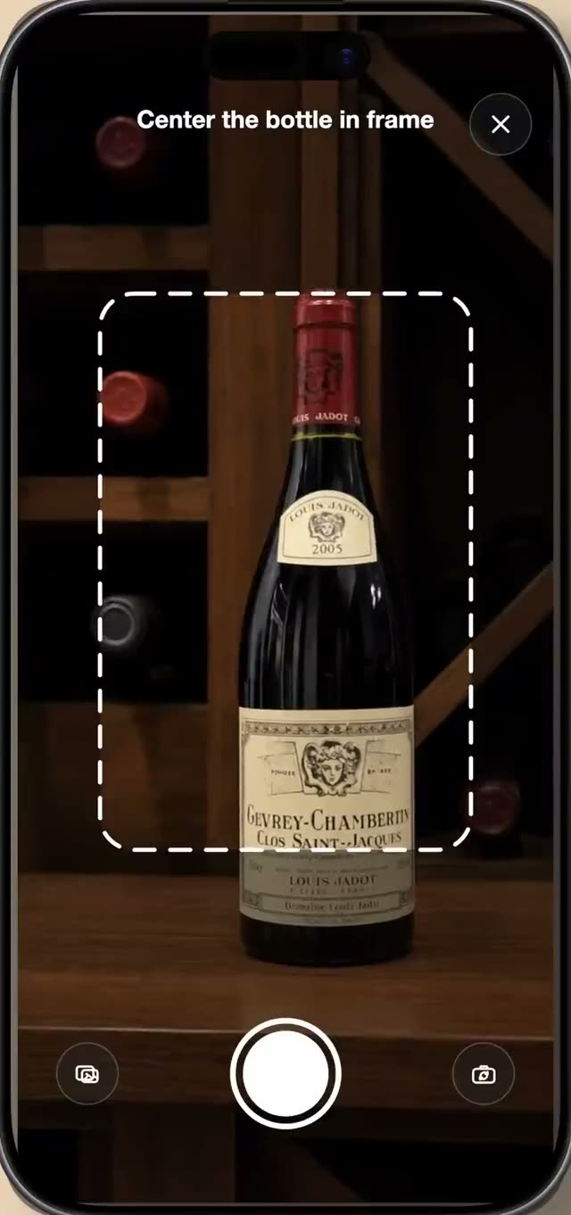 Wine label scanner in Cellar, framing a bottle of Gevrey-Chambertin for capture