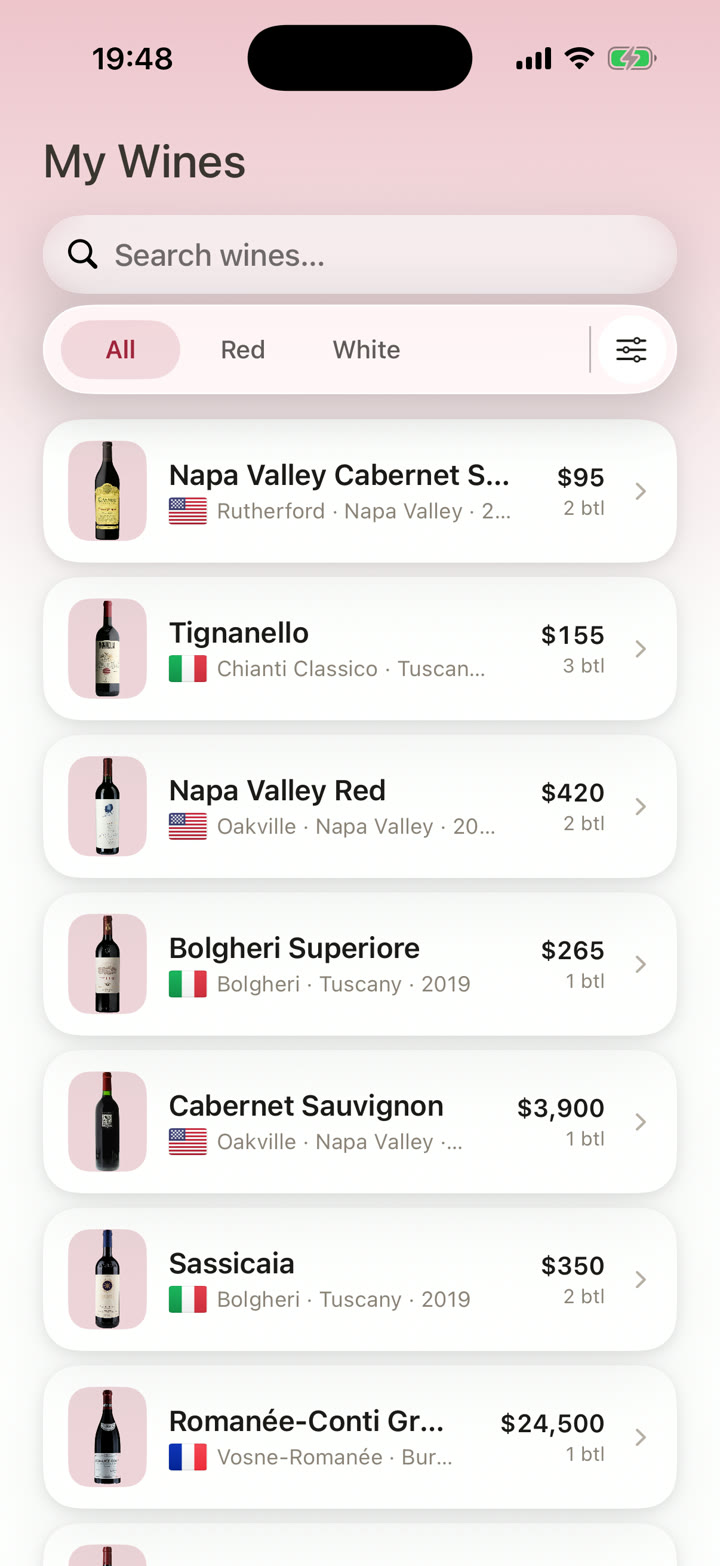 A list of scanned bottles in Cellar with each wine's region, vintage and estimated value