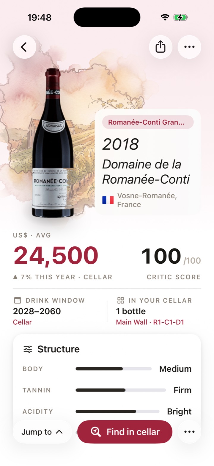 Wine price check in Cellar showing a 2018 Romanée-Conti valued at 24,500 dollars with a 100 critic score