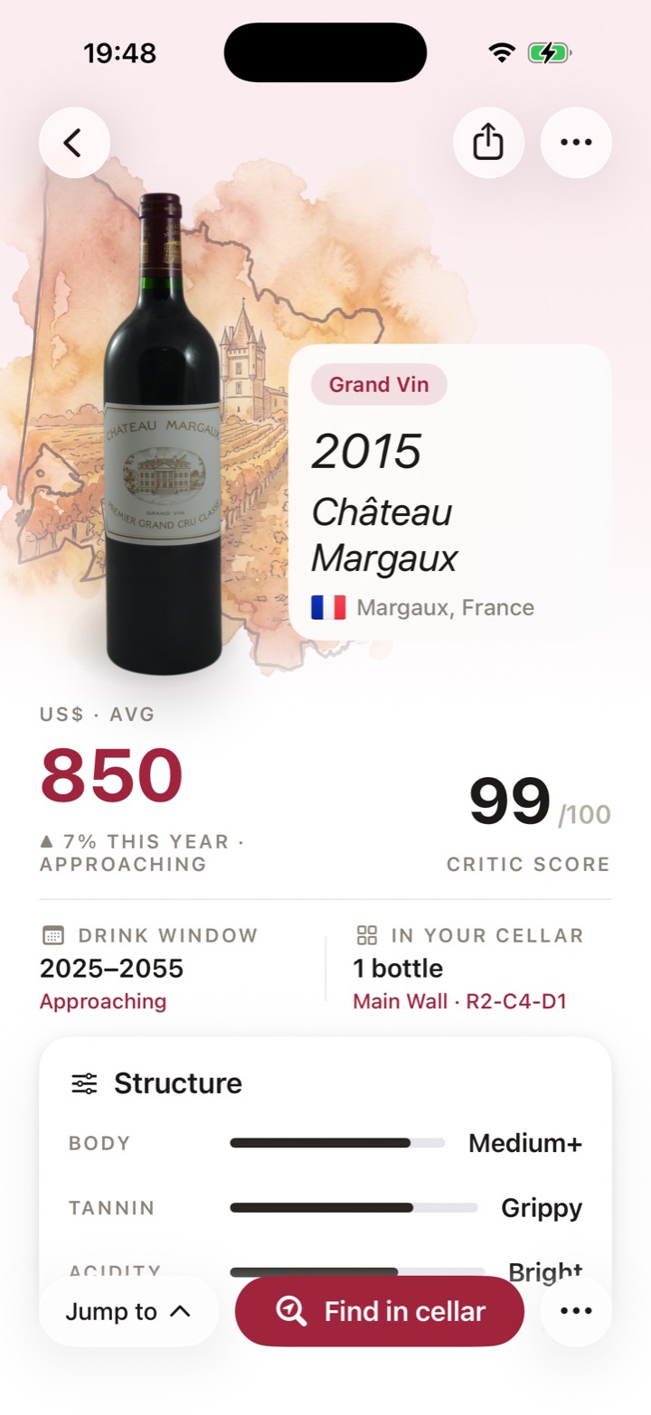 A 2015 Château Margaux estimated at 850 dollars, up 7 percent this year, beside its 99 critic score
