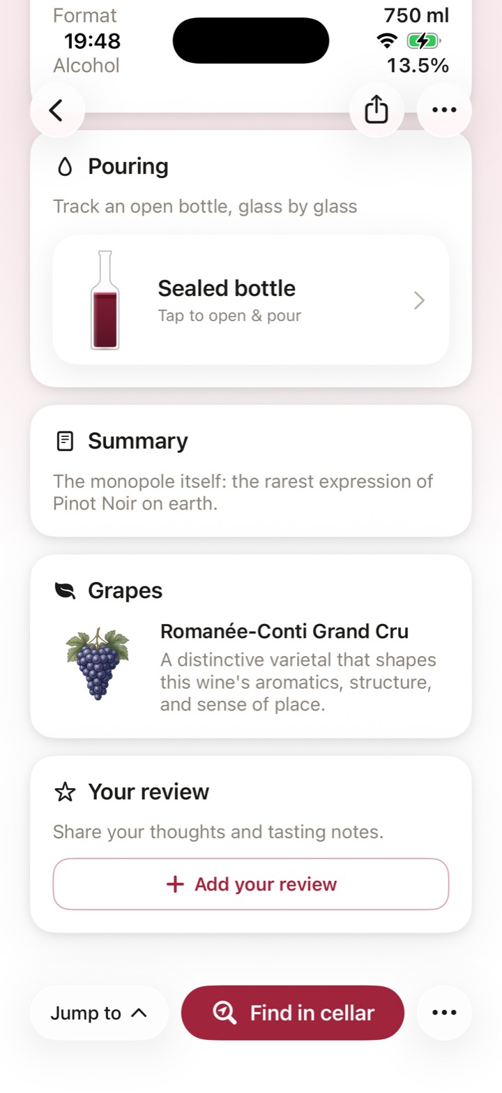 Summary, grape and review cards sitting under the same bottle's value