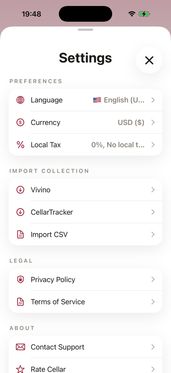 Cellar's settings, with import and legal options and no sign in anywhere